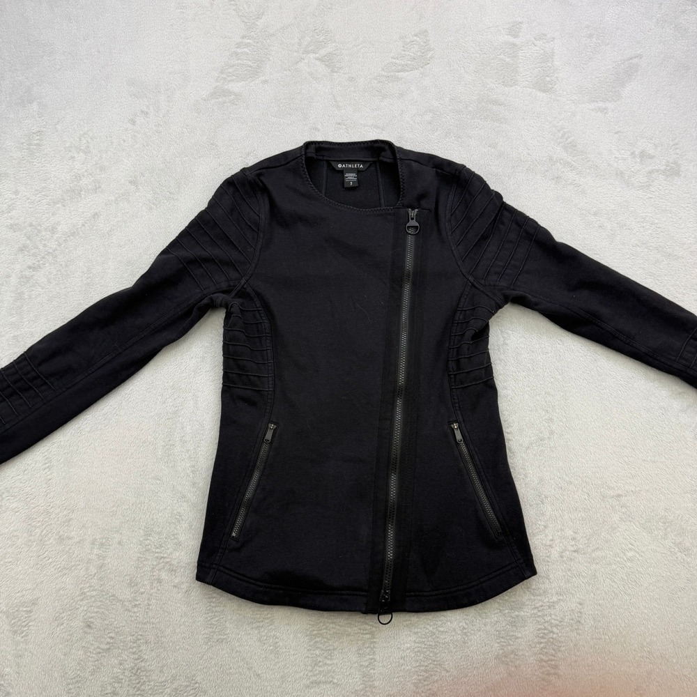 Athleta Moto Jacket Womens S‎ Black Asymmetric Zip Ribbed Biker Athleisure Edgy